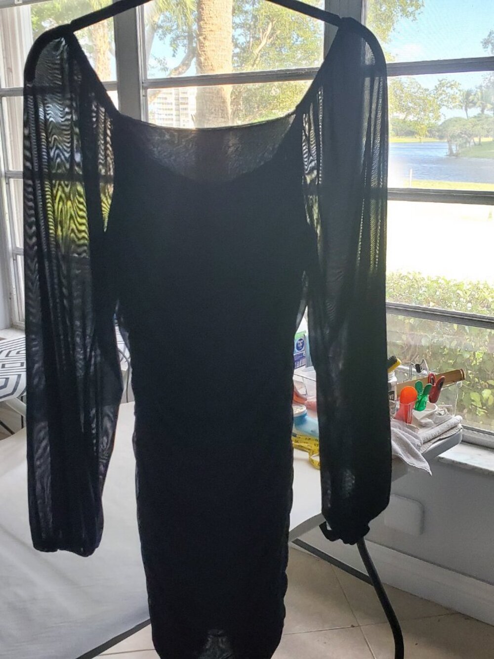 MEROKEETY Square Neck Lantern Long Sleeve Mesh Ruched Bodycon Clubwear Dress L - Picture 7 of 16